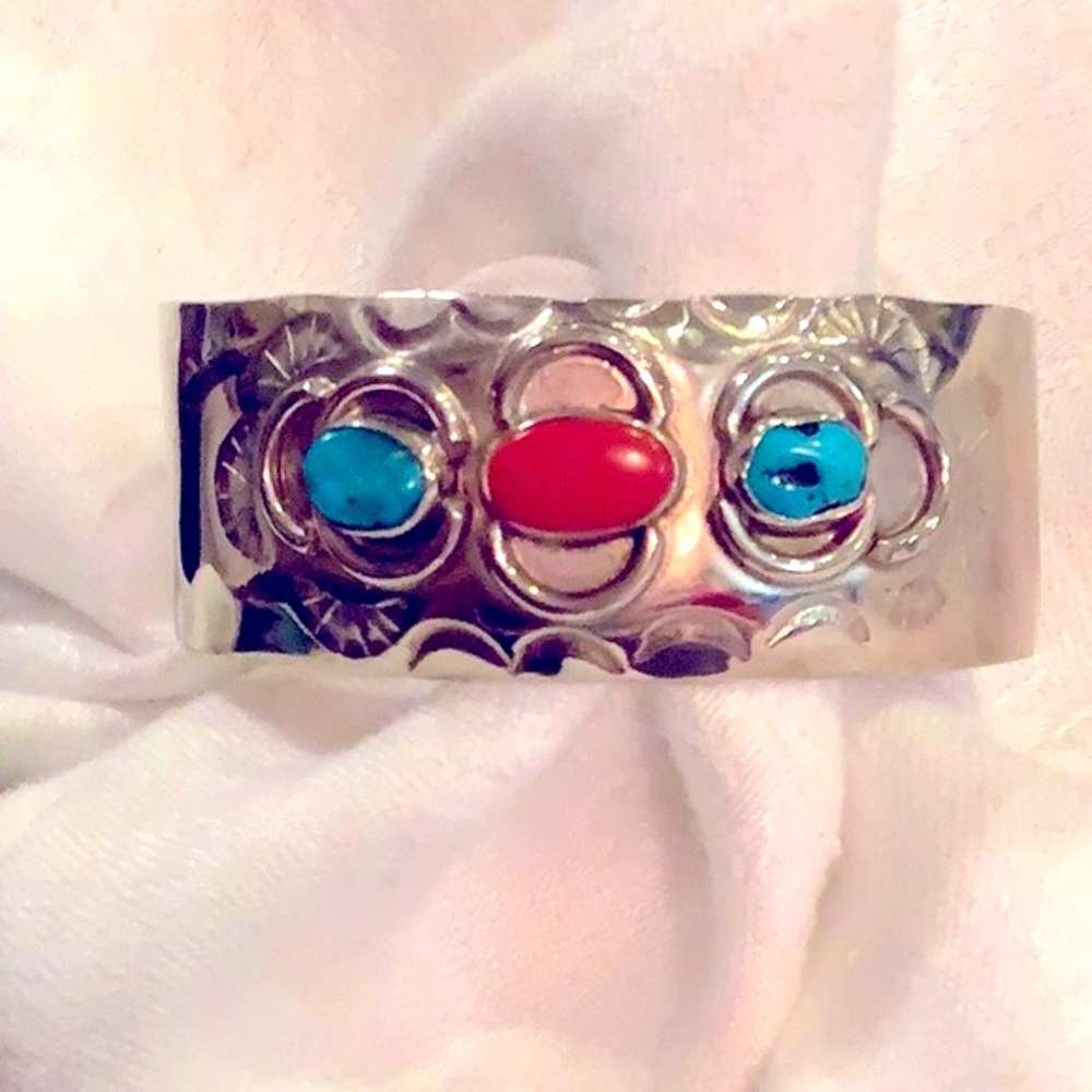 Navajo Turquoise & Coral Cuff Bracelet/Sterling Silver